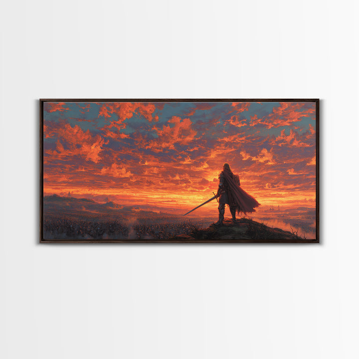 Lone Warrior Over Fiery Battlefield Canvas Print, Fantasy Wall Art, Epic Landscape Art, Medieval Decor, Dramatic Gift For Him