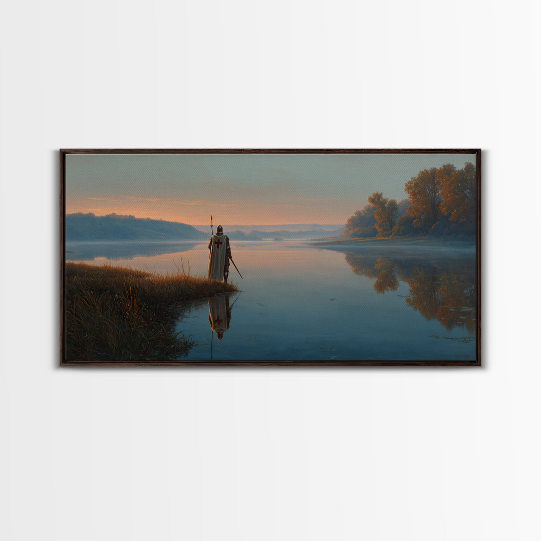 Misty River Knight Landscape Wall Art, Serene Medieval Lake Canvas, Reflective Nature Decor, Fantasy Print, Gift For Him