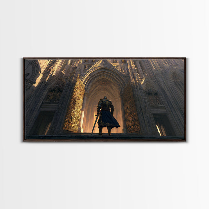 Armored Knight Before Gothic Cathedral Wall Art, Medieval Fantasy Architecture Print, Dark Academia Castle Decor Gift For Him