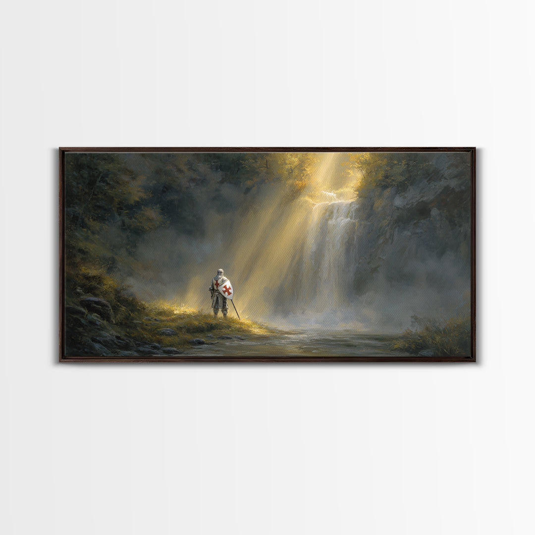 Templar Knight By Misty Waterfall Framed Canvas Print, Christian Wall Art, Medieval Landscape, Inspirational Gift For Him