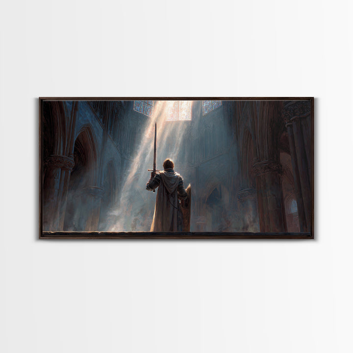 Knight In Sunlit Gothic Cathedral Framed Canvas Print, Fantasy Wall Art, Medieval Decor, Christian Artwork, Gift For Him