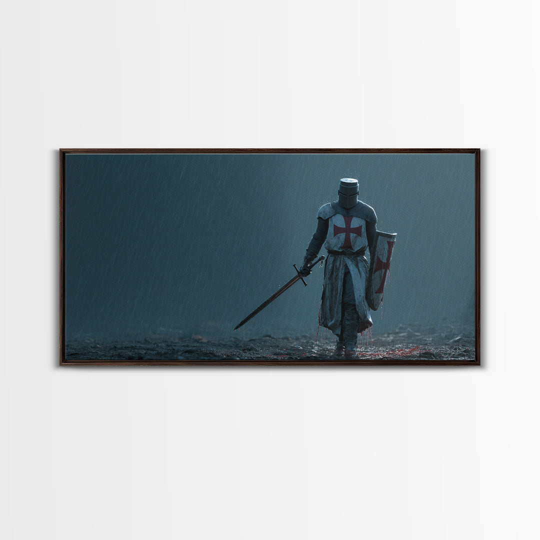 Templar Knight In Rain Wall Art, Medieval Crusader Canvas Print, Dark Fantasy Decor, Gothic Warrior Art Print For Man Cave