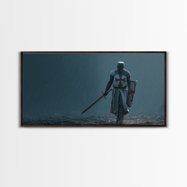 Templar Knight In Rain Wall Art, Medieval Crusader Canvas Print, Dark Fantasy Decor, Gothic Warrior Art Print For Man Cave