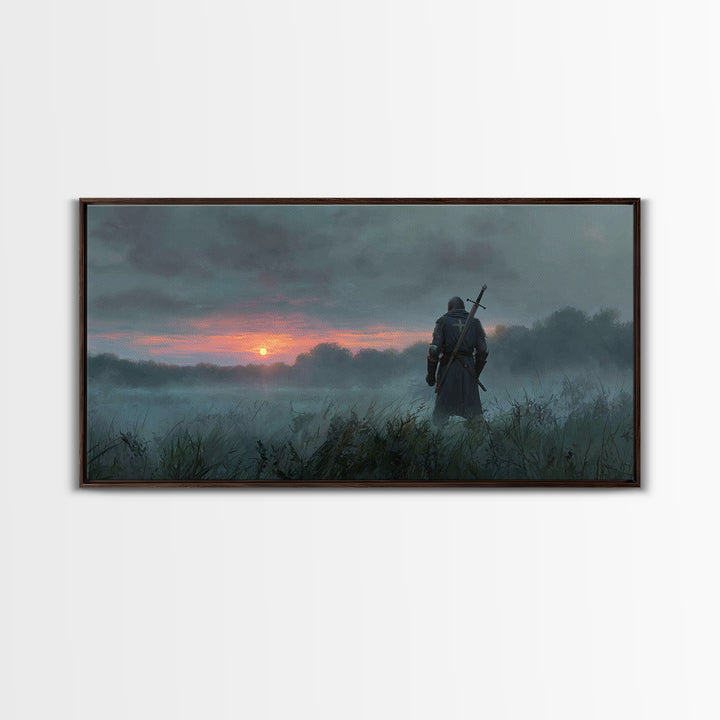 Lone Warrior At Misty Sunrise Wall Art, Medieval Fantasy Canvas Print, Moody Landscape Decor, Dark Academia Gift For Him