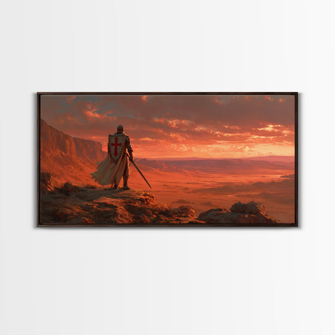 Templar Knight Over Desert Valley Canvas Print, Medieval Fantasy Wall Art, Western Sunset Decor, Man Cave Poster Gift For Him