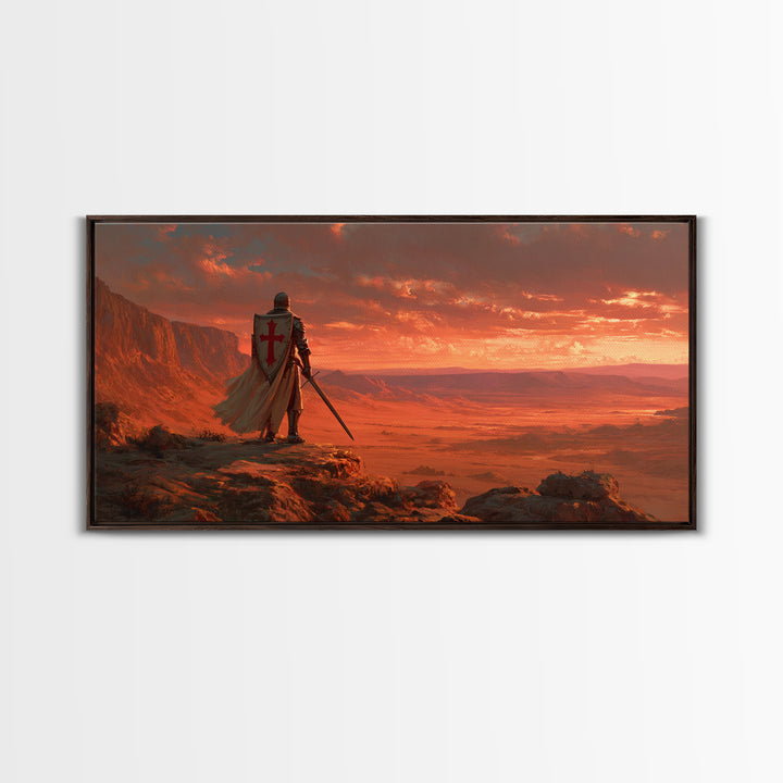 Templar Knight Over Desert Valley Canvas Print, Medieval Fantasy Wall Art, Western Sunset Decor, Man Cave Poster Gift For Him