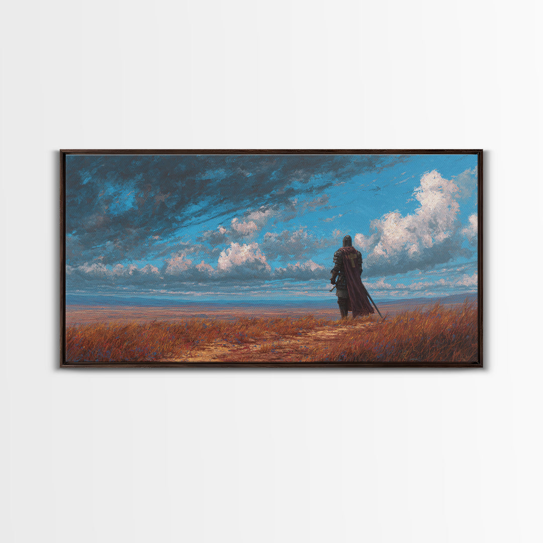 Lone Knight Coastal Fantasy Landscape Wall Art, Medieval Warrior Canvas, Moody Sky Print, Gamer Room Decor Housewarming Gift