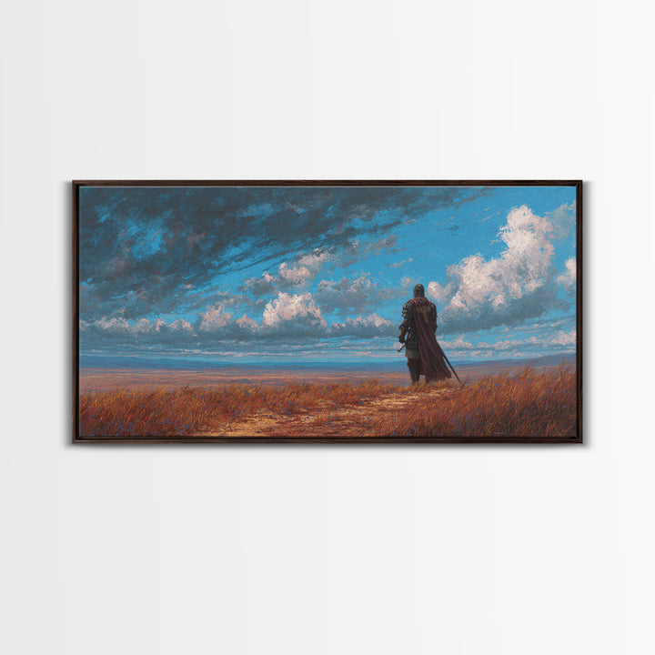 Lone Knight Coastal Fantasy Landscape Wall Art, Medieval Warrior Canvas, Moody Sky Print, Gamer Room Decor Housewarming Gift