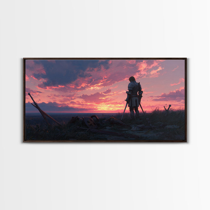 Lonely Warrior Sunset Wall Art, Medieval Battlefield Canvas Print, Moody Fantasy Landscape Decor, Gift For Him Office Art