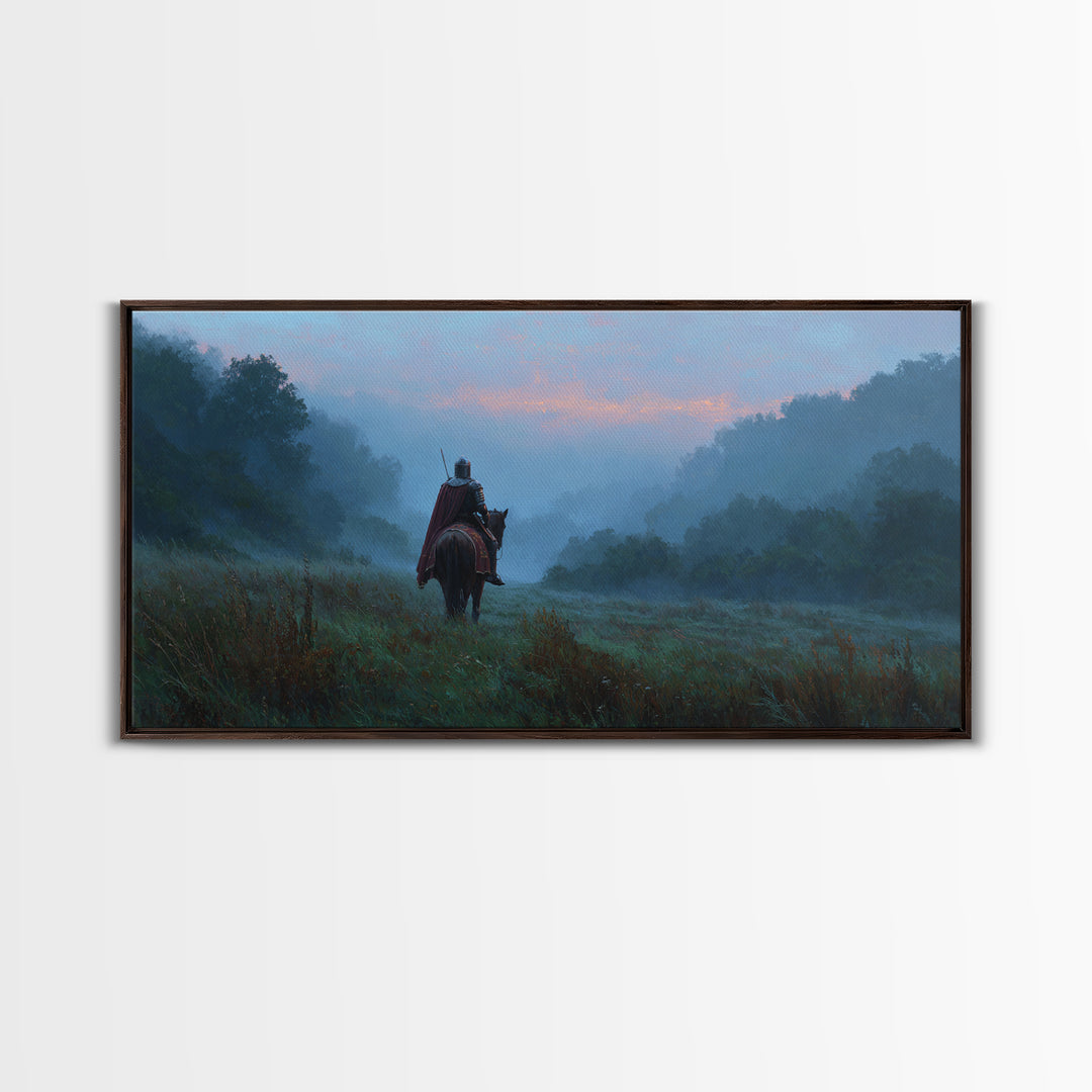 Lone Rider In Misty Forest Canvas Print, Moody Landscape Wall Art, Medieval Horseman Decor, Fantasy Adventure Gift For Him