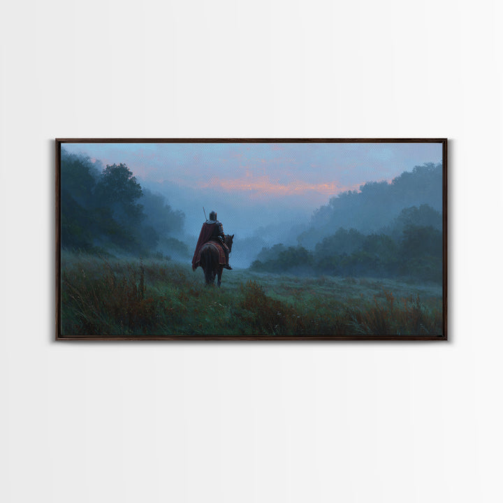 Lone Rider In Misty Forest Canvas Print, Moody Landscape Wall Art, Medieval Horseman Decor, Fantasy Adventure Gift For Him