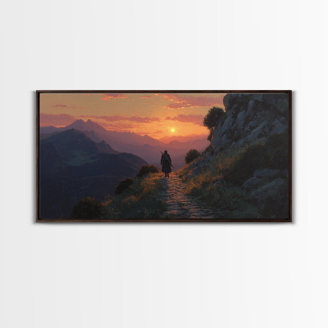 Lone Traveler Mountain Sunset Wall Art, Fantasy Landscape Canvas Print, Above Bed Decor, Adventure Gift, Nature Wall Decor