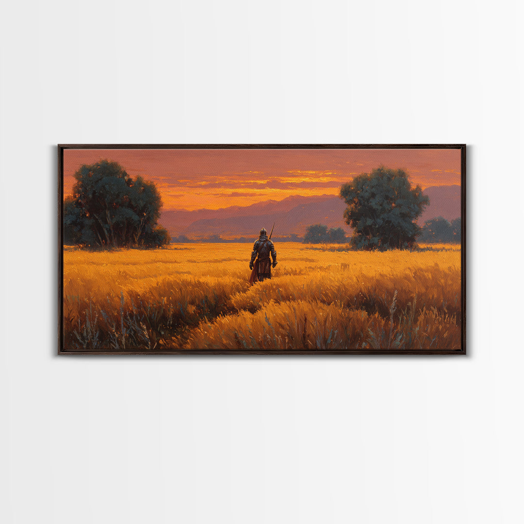 Armored Warrior In Golden Field Wall Art, Fantasy Landscape Print, Sunset Adventure Decor, Medieval Knight Gift For Him Art