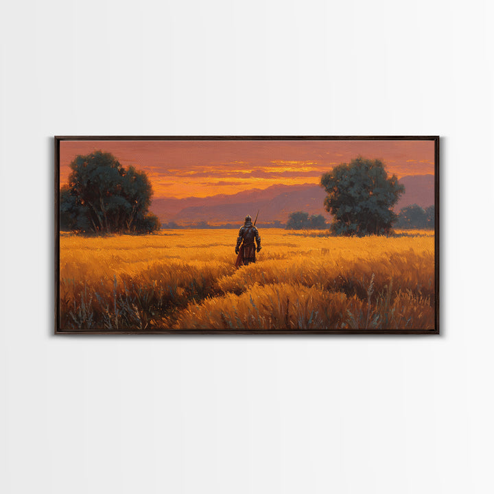 Armored Warrior In Golden Field Wall Art, Fantasy Landscape Print, Sunset Adventure Decor, Medieval Knight Gift For Him Art