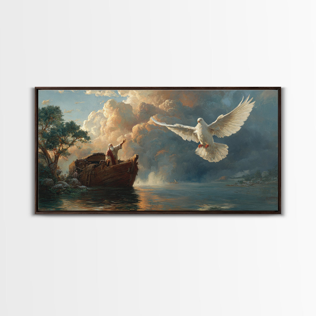Noah Releasing White Dove From Ark Framed Canvas Print, Biblical Wall Art, Christian Decor, Spiritual Gift For Prayer Room