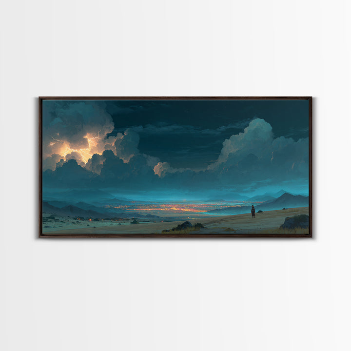 Moonlit Desert Storm Wall Art, Moody Blue Night Landscape Canvas Print, Southwest Travel Decor, Dramatic City Lights Gift