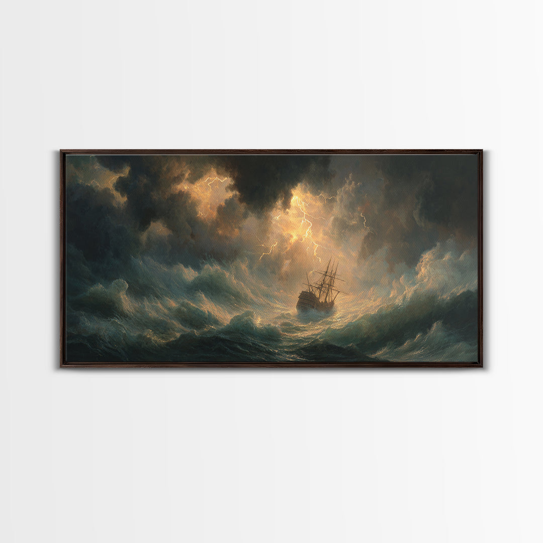 Lightning Storm Ship At Sea Canvas Print, Moody Ocean Seascape Wall Art, Nautical Decor, Dramatic Coastal Wall Decor For Living Room
