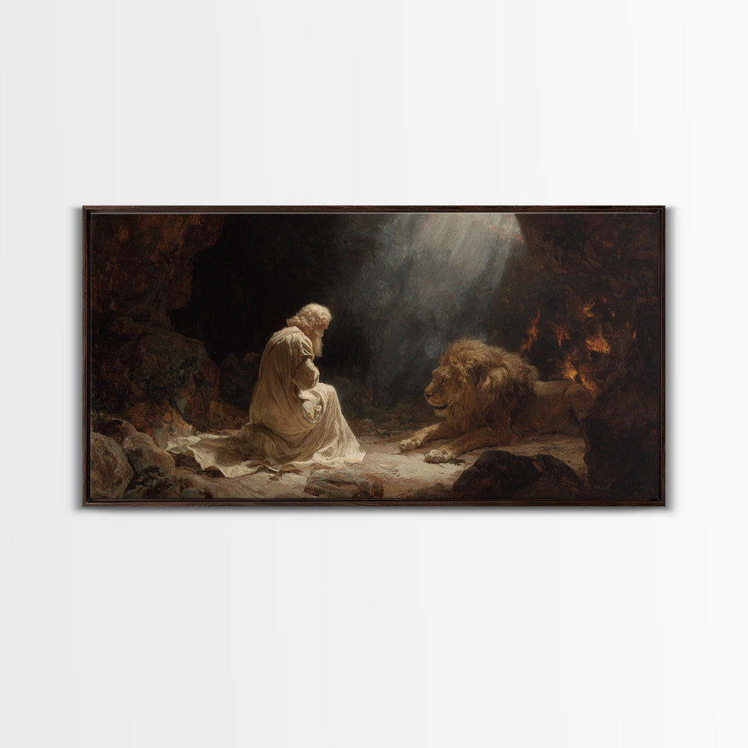 Praying Man With Lion Cave Wall Art, Christian Canvas Print, Biblical Daniel Decor, Spiritual Fine Art For Prayer Room Decor