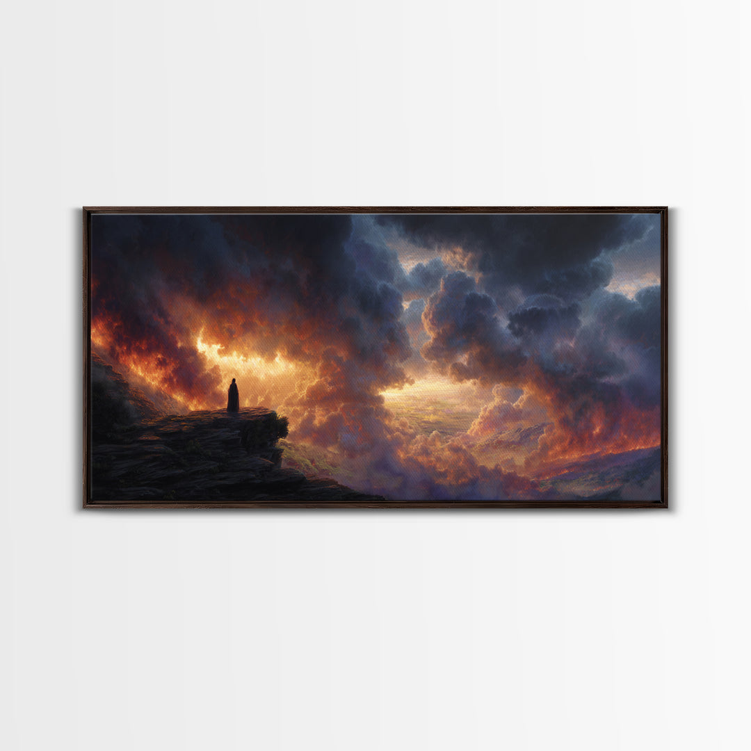 Lone Figure Before Fiery Storm Wall Art, Dark Fantasy Canvas Print, Dramatic Surreal Landscape, Moody Office Decor Gift For Him