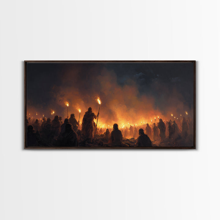 Torchlit Gathering In Smoky Night Wall Art, Dark Fantasy Painting Print, Moody Medieval Decor, Dramatic Statement Art For Gothic Home