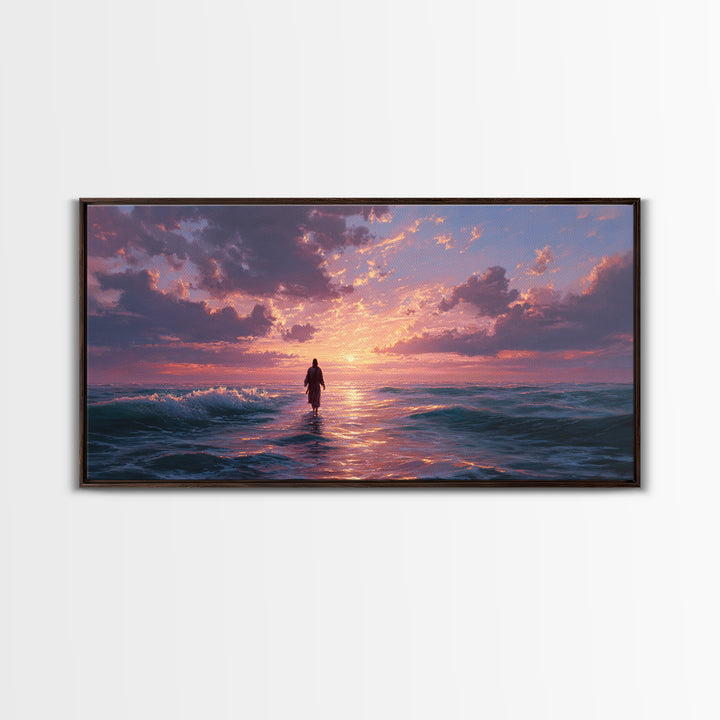 Solitary Figure In Ocean Sunset Waves Wall Art, Seascape Canvas Print, Coastal Decor, Romantic Bedroom Art, Gift For Her