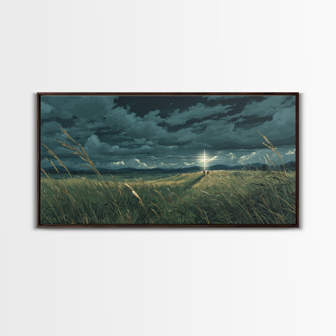Lone Figure In Stormy Meadow Wall Art, Moody Fantasy Landscape Canvas Print, Cinematic Field Decor, Dramatic Nature Art Print