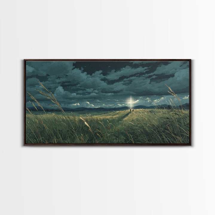 Lone Figure In Stormy Meadow Wall Art, Moody Fantasy Landscape Canvas Print, Cinematic Field Decor, Dramatic Nature Art Print