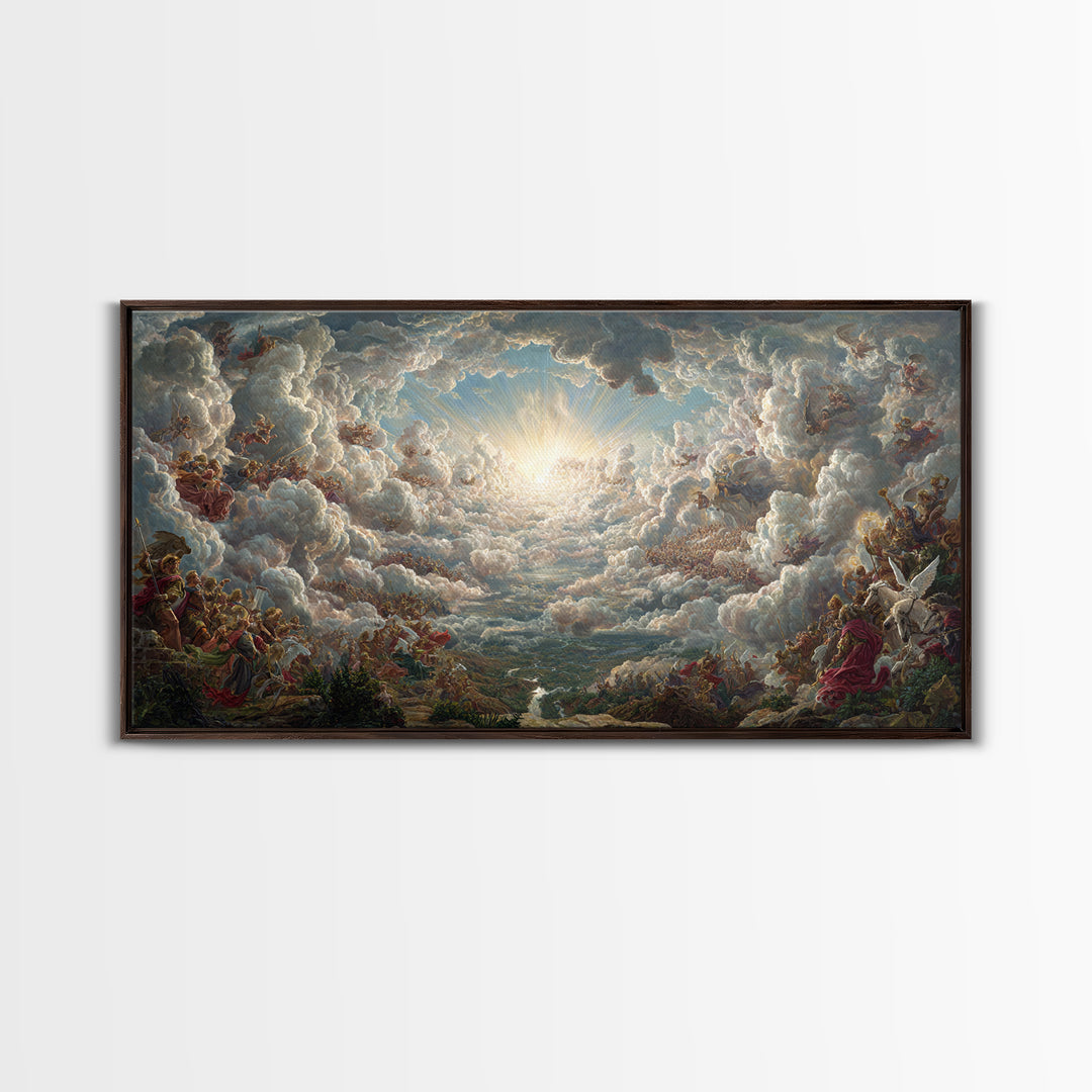 Heavenly Cloud Battle With Angels Framed Canvas Print, Baroque Mythological Wall Art, Renaissance Decor, Biblical Gift Art