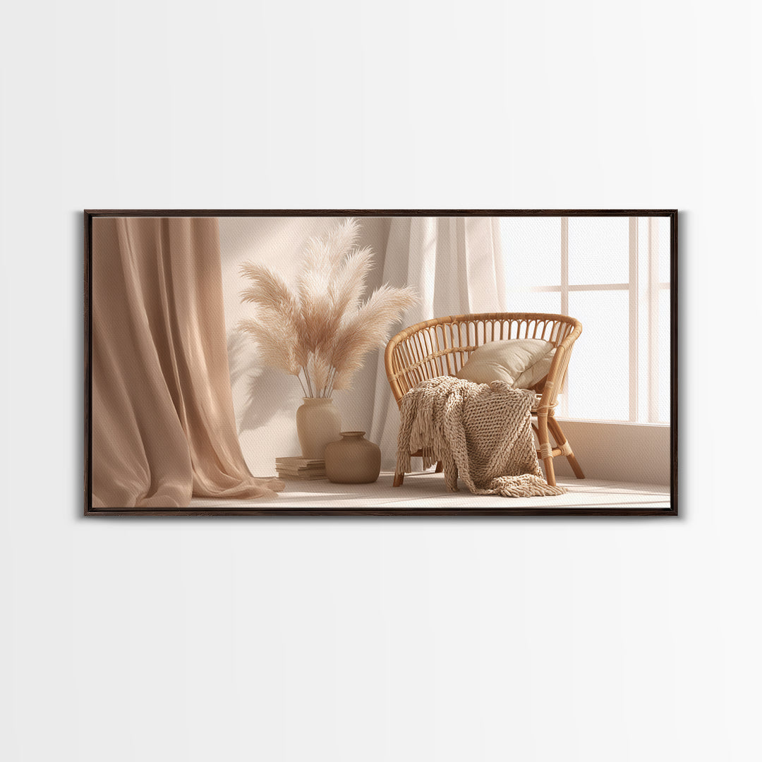 Neutral Wicker Chair With Pampas Grass Canvas Print, Boho Bedroom Wall Art, Cozy Minimalist Decor For Modern Living Room
