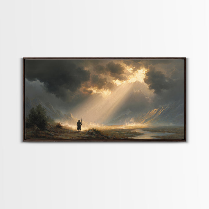 Warrior In Sunlit Mountain Valley Canvas Print, Fantasy Landscape Wall Art, Epic Adventure Decor And Dramatic Office Art