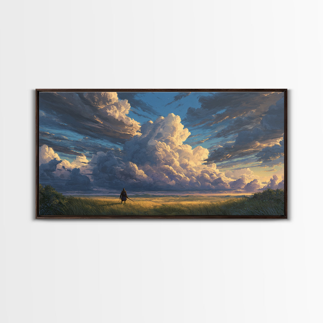 Lone Traveler Beneath Towering Clouds Wall Art, Dramatic Landscape Canvas Print, Calming Nature Living Room Decor, Large Poster