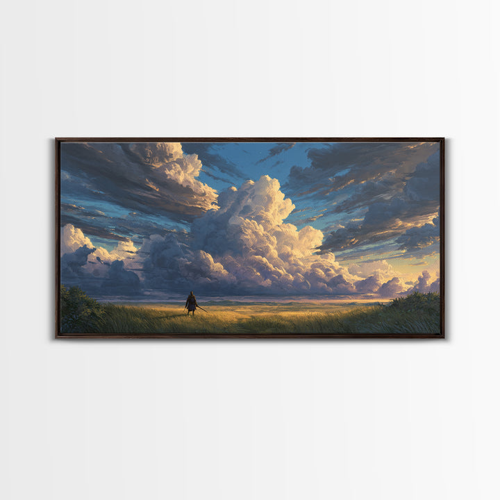 Lone Traveler Beneath Towering Clouds Wall Art, Dramatic Landscape Canvas Print, Calming Nature Living Room Decor, Large Poster