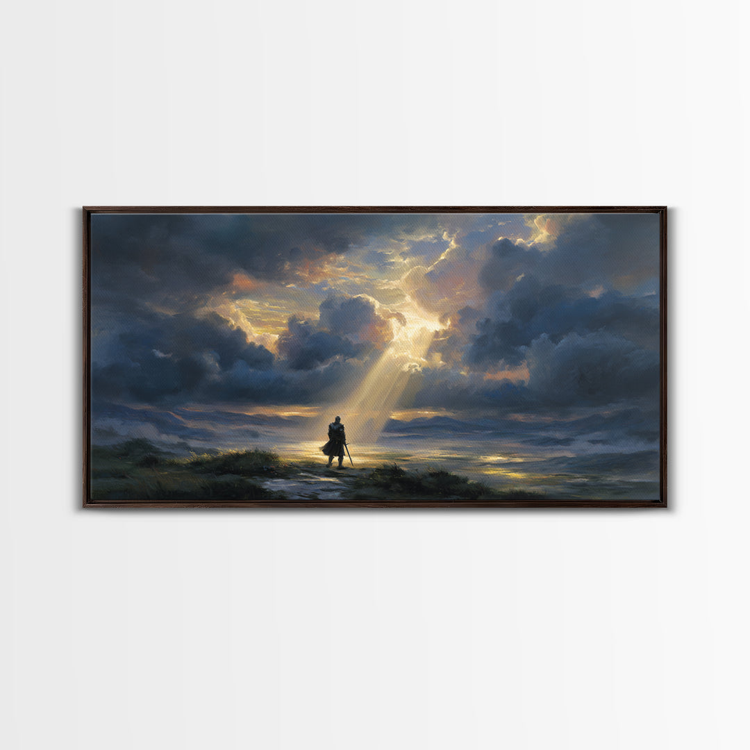 Lone Wanderer Beneath Radiant Storm Clouds Wall Art, Dramatic Fantasy Landscape Print, Moody Sky Living Room Decor, Gift For Him