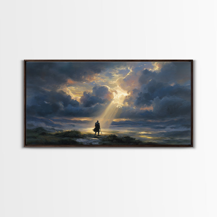 Lone Wanderer Beneath Radiant Storm Clouds Wall Art, Dramatic Fantasy Landscape Print, Moody Sky Living Room Decor, Gift For Him