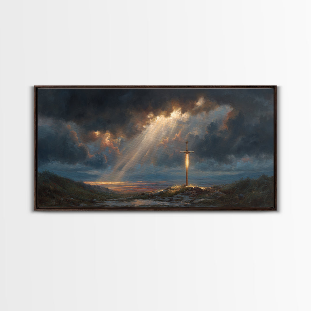 Glowing Sword In Storm Clouds Wall Art, Dramatic Christian Fantasy Canvas Print, Spiritual Decor, Dark Academia Gift For Him