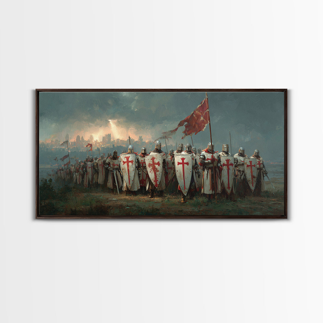 Medieval Knights Templar Army Wall Art, Crusader Framed Canvas Print, Historical Painting, Man Cave Decor, Unique Gift For Him