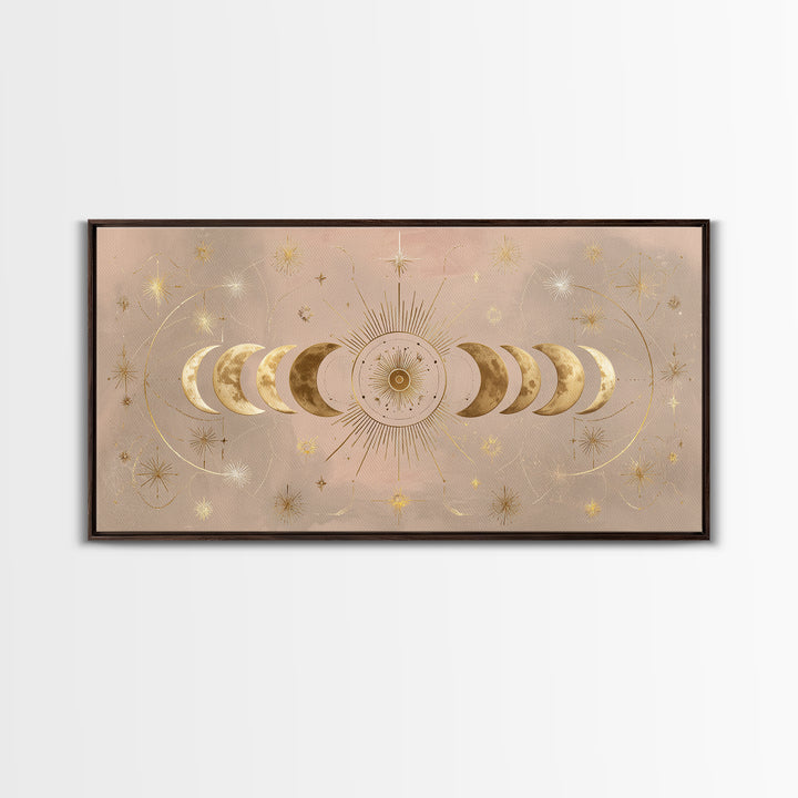 Gold Moon Phase Celestial Wall Art, Mystical Stars And Sun, Boho Bedroom Decor, Astrology Gifts, Above Bed Canvas Print Decor