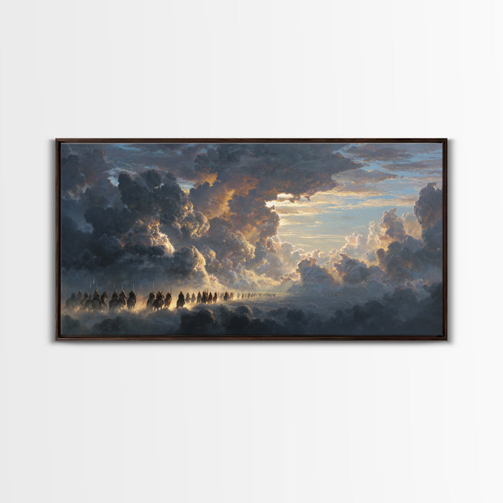 Celestial Riders In Storm Clouds Wall Art, Epic Fantasy Sky Painting, Dramatic Landscape Canvas, Mythological Decor For Office
