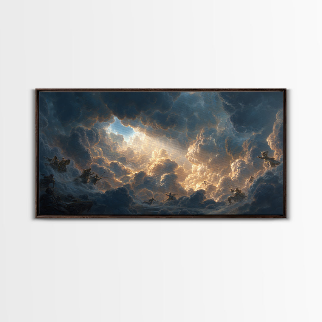 Celestial Riders In Storm Clouds Framed Canvas Print, Epic Fantasy Wall Art, Mythological Sky Painting, Dramatic Decor, Unique Gift