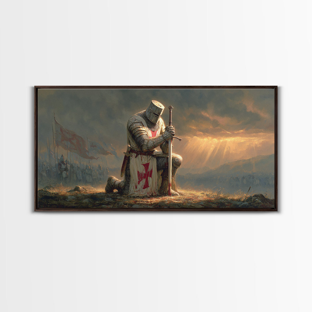 Kneeling Templar Knight Battlefield Wall Art, Medieval Crusader Framed Canvas Print, Dark Fantasy Decor, Christian Warrior Art