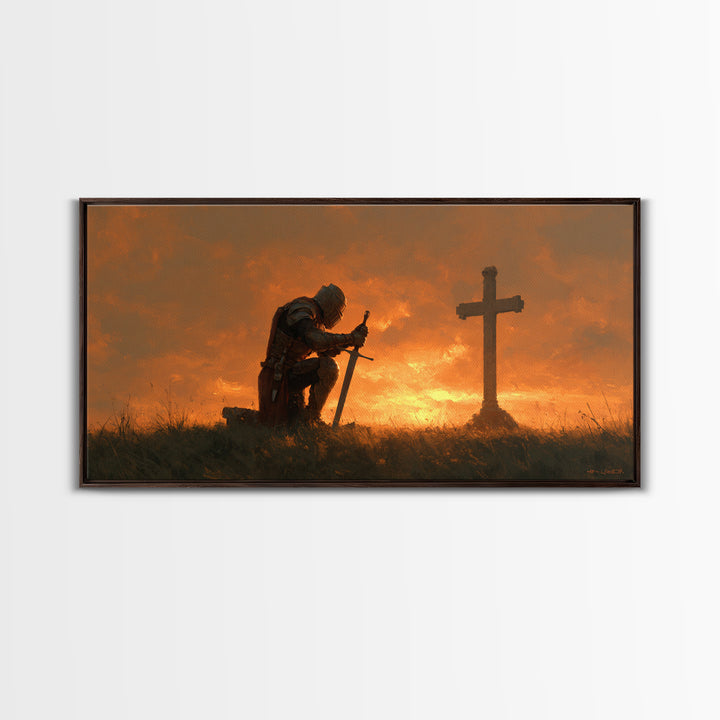 Kneeling Knight Before Cross Canvas Print, Christian Wall Art, Medieval Prayer Home Decor, Bible Verse Inspired Gift For Him