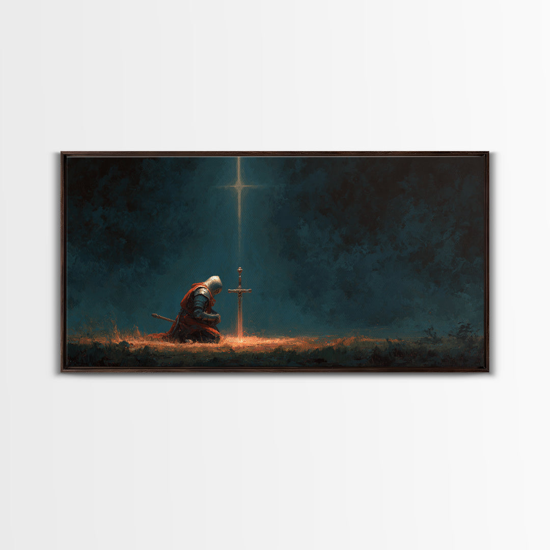 Kneeling Knight Before Cross Canvas Print, Christian Wall Art, Dark Fantasy Decor, Prayer Room Art, Medieval Office Decor