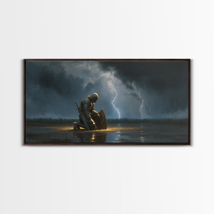 Kneeling Knight In Storm Framed Canvas Print, Dark Fantasy Wall Art, Lightning Rain Medieval Decor, Gothic Gift For Him, Office Decor