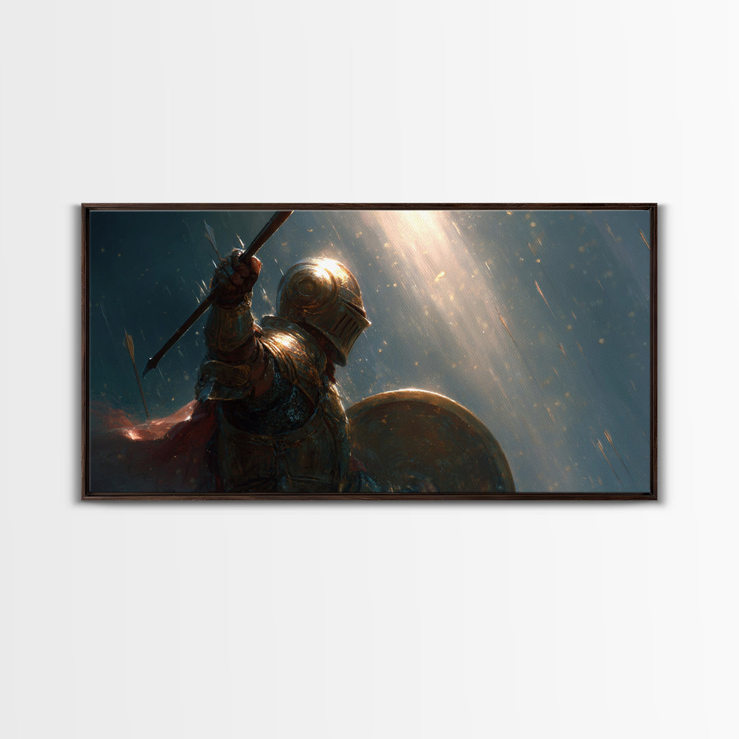 Armored Knight In Rain With Spear Wall Art, Medieval Fantasy Canvas Print, Dark Warrior Decor, Epic Gothic Artwork Gift Idea