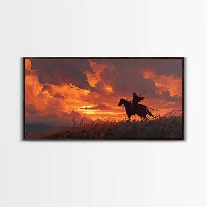Lone Horseman At Fiery Sunset Wall Art, Western Cowboy Canvas Print, Rustic Landscape Decor, Masculine Office Gift For Him