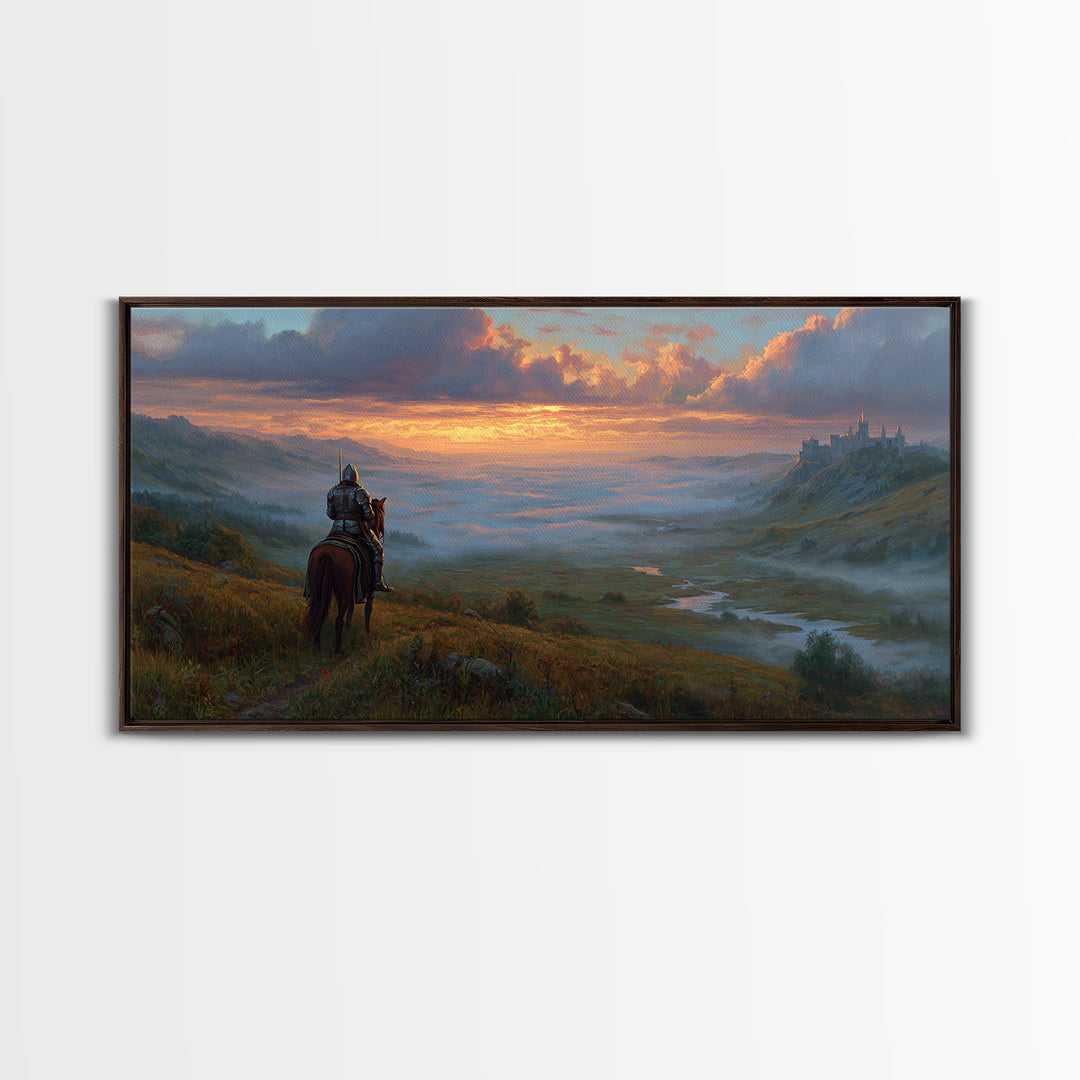 Lone Knight Over Misty Castle Valley Framed Canvas Print, Fantasy Wall Art For Gaming Room Decor And Medieval Adventure Home Decor