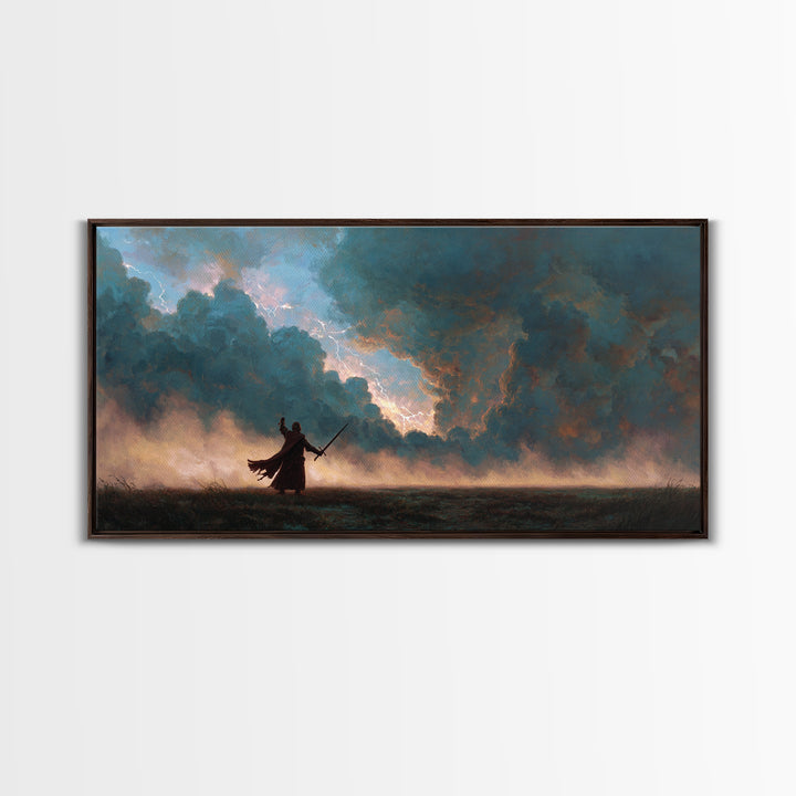 Lone Swordsman Under Storm Clouds Canvas Print, Dark Fantasy Landscape Wall Art, Moody Warrior Decor, RPG Gift For Gamer