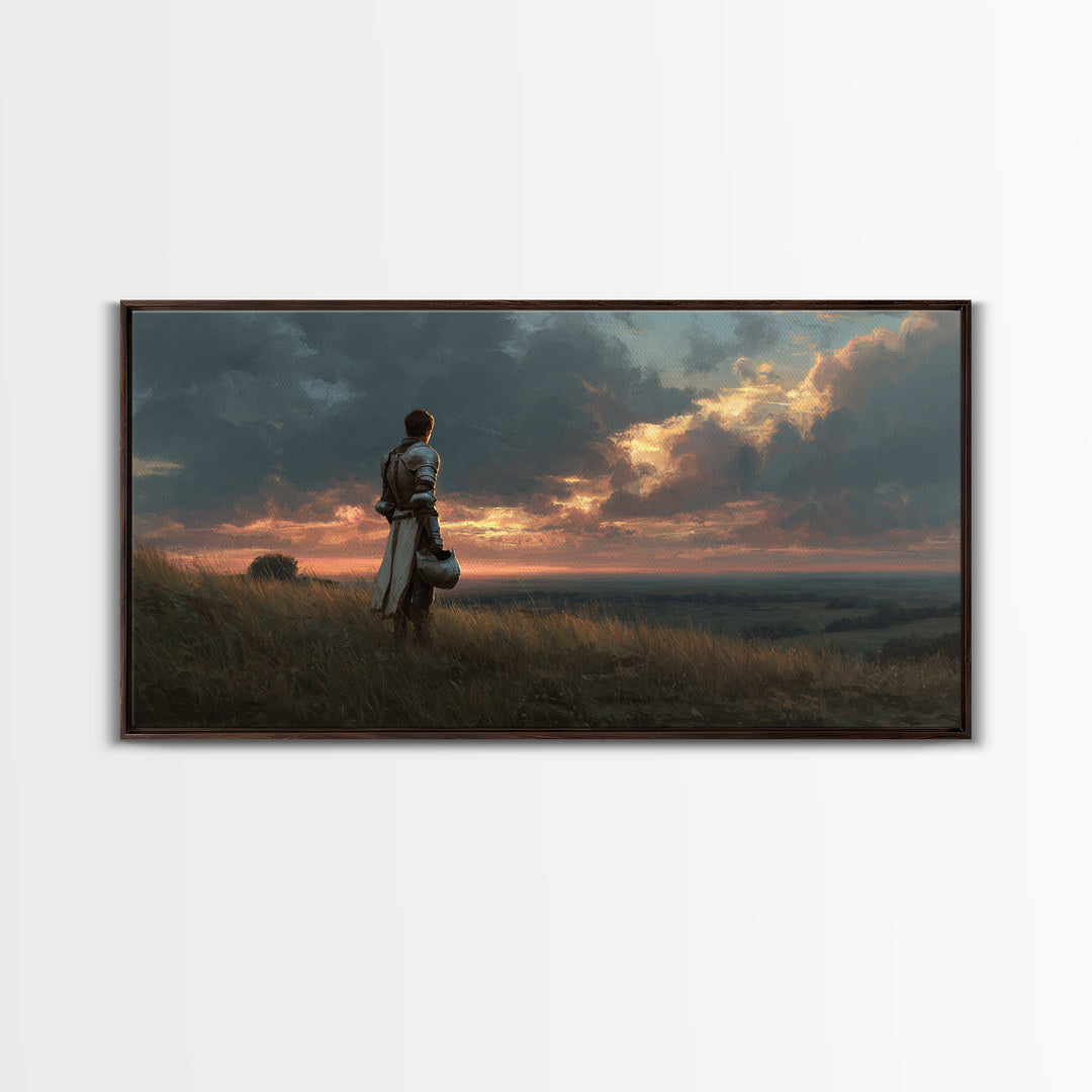 Solitary Knight At Sunset Framed Canvas Print, Medieval Fantasy Landscape Wall Art, Dramatic Medieval Home Decor Gift For Him