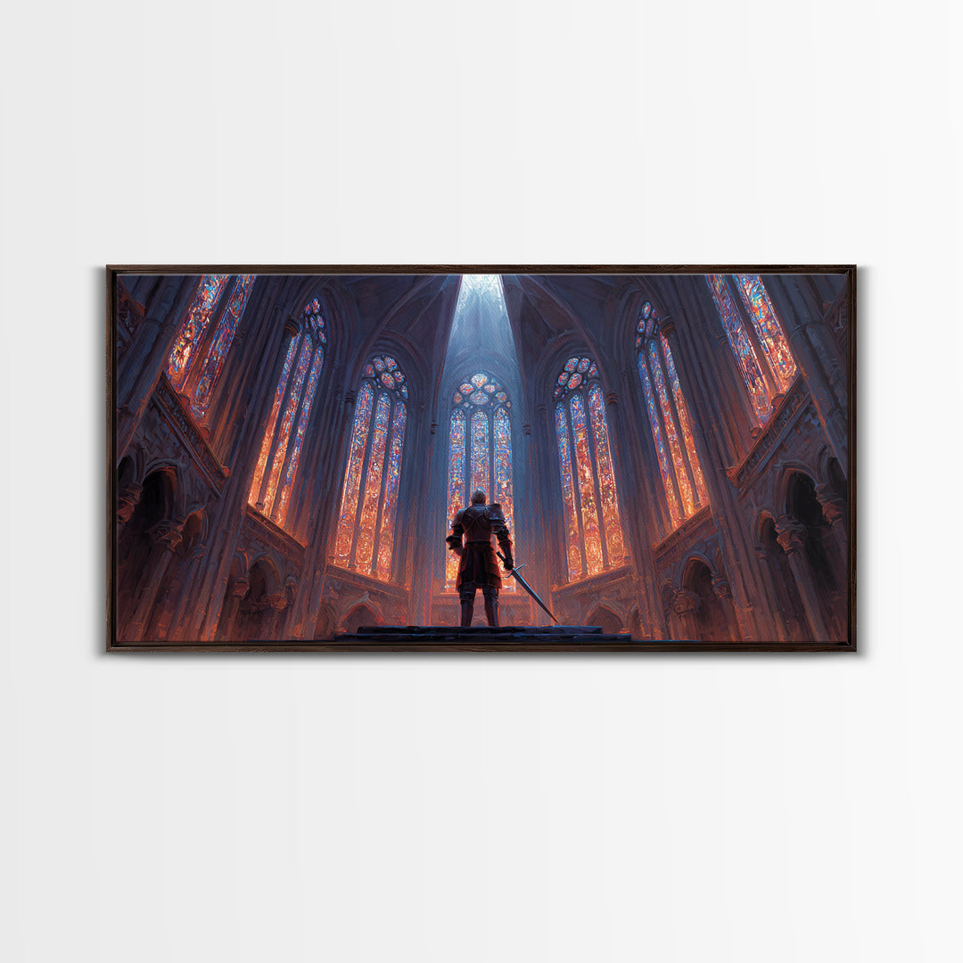 Gothic Cathedral Knight Wall Art, Stained Glass Framed Canvas Print, Medieval Fantasy Decor, Dark Academia, Statement Art