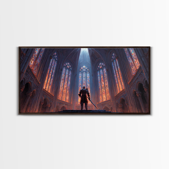 Gothic Cathedral Knight Wall Art, Stained Glass Framed Canvas Print, Medieval Fantasy Decor, Dark Academia, Statement Art